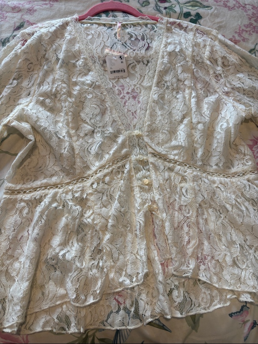Free People Cream Lace Peplum Button-Front Blouse